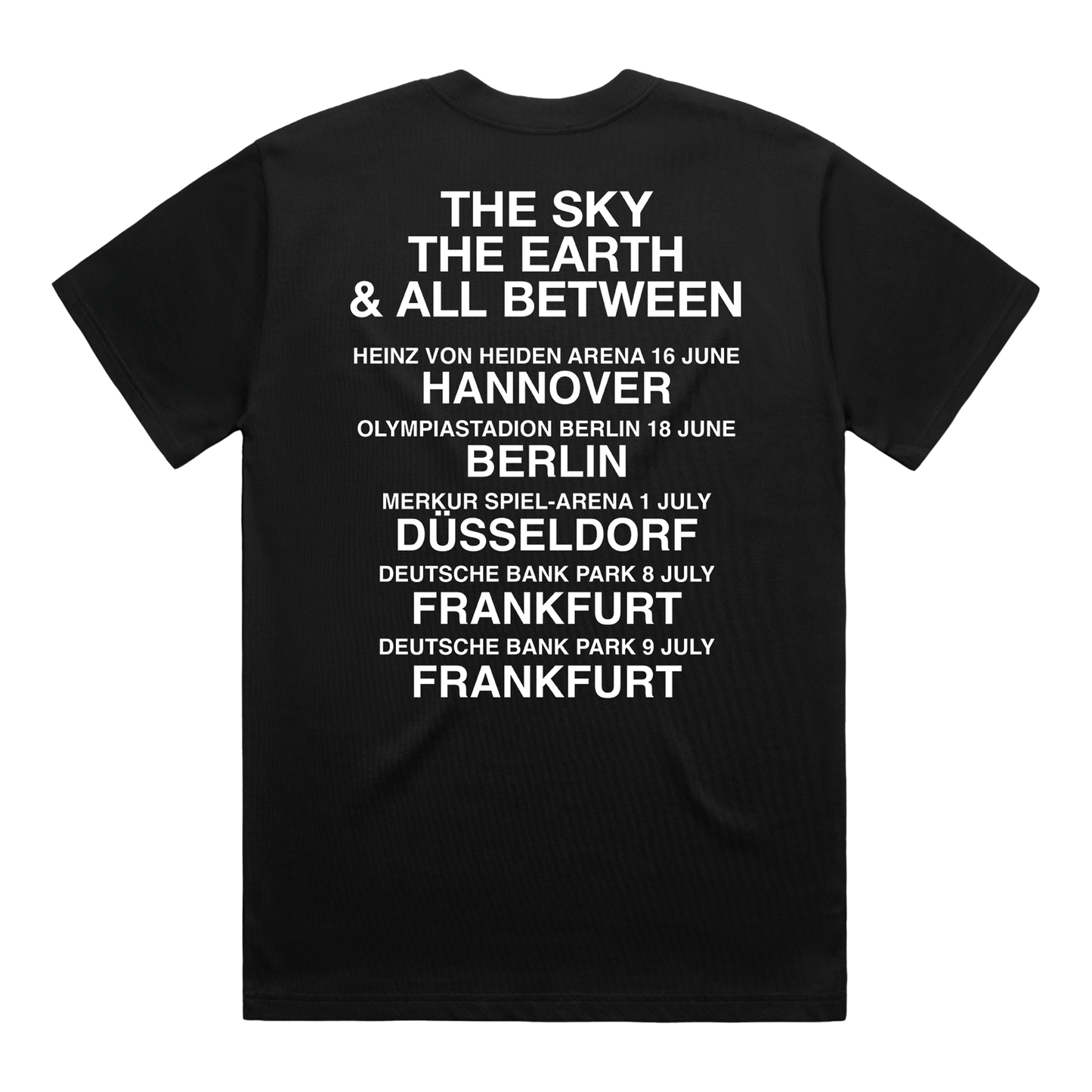 Black crew neck t-shirt with Architects EU summer 2025 tour date print across the back.