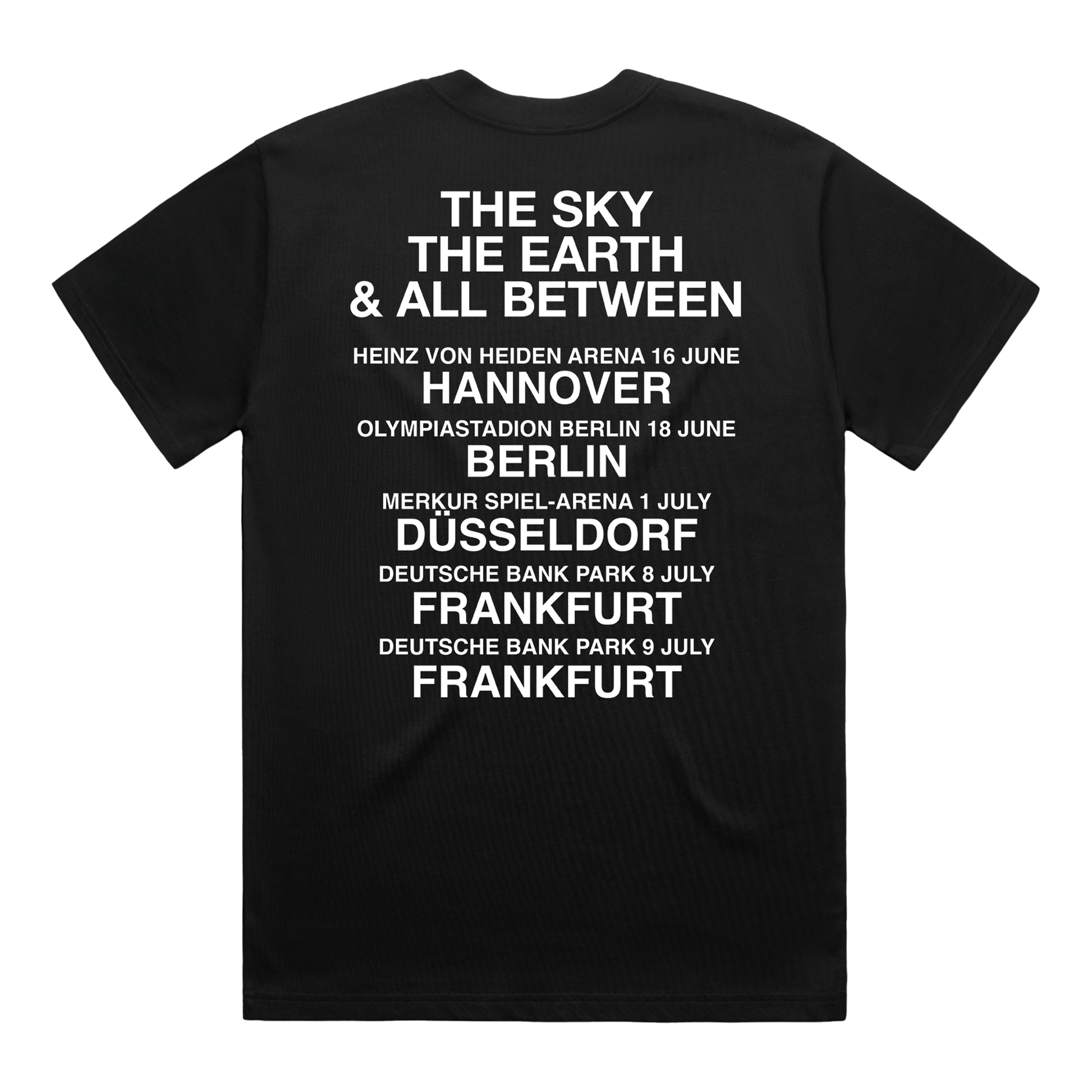 Black crew neck t-shirt with Architects EU summer 2025 tour date print across the back.