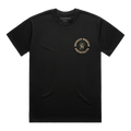 Black T-shirt with a round ‘Broken Mirror Architect’ logo across the right-hand side of the chest.