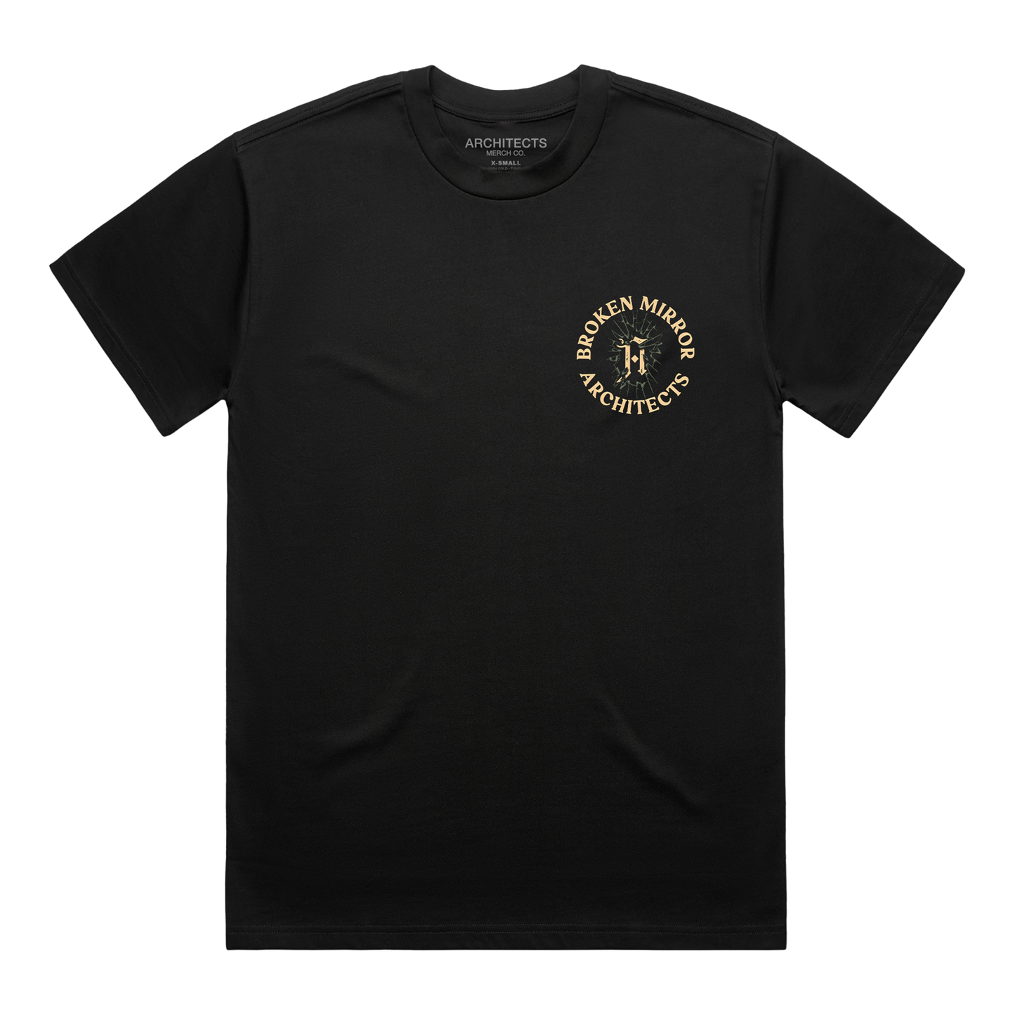 Black T-shirt with a round ‘Broken Mirror Architect’ logo across the right-hand side of the chest.