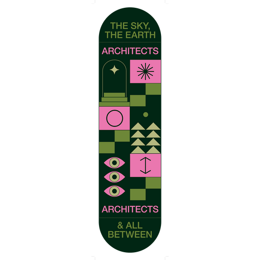Skateboard deck with pink and green 'The Sky, The Earth and All Between' geometric design