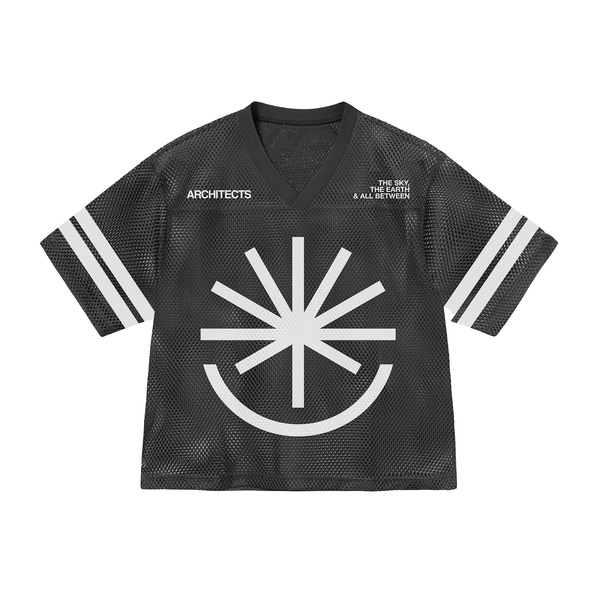 Black hockey jersey with white 'The Sky, The Earth and All Between' logo across the front