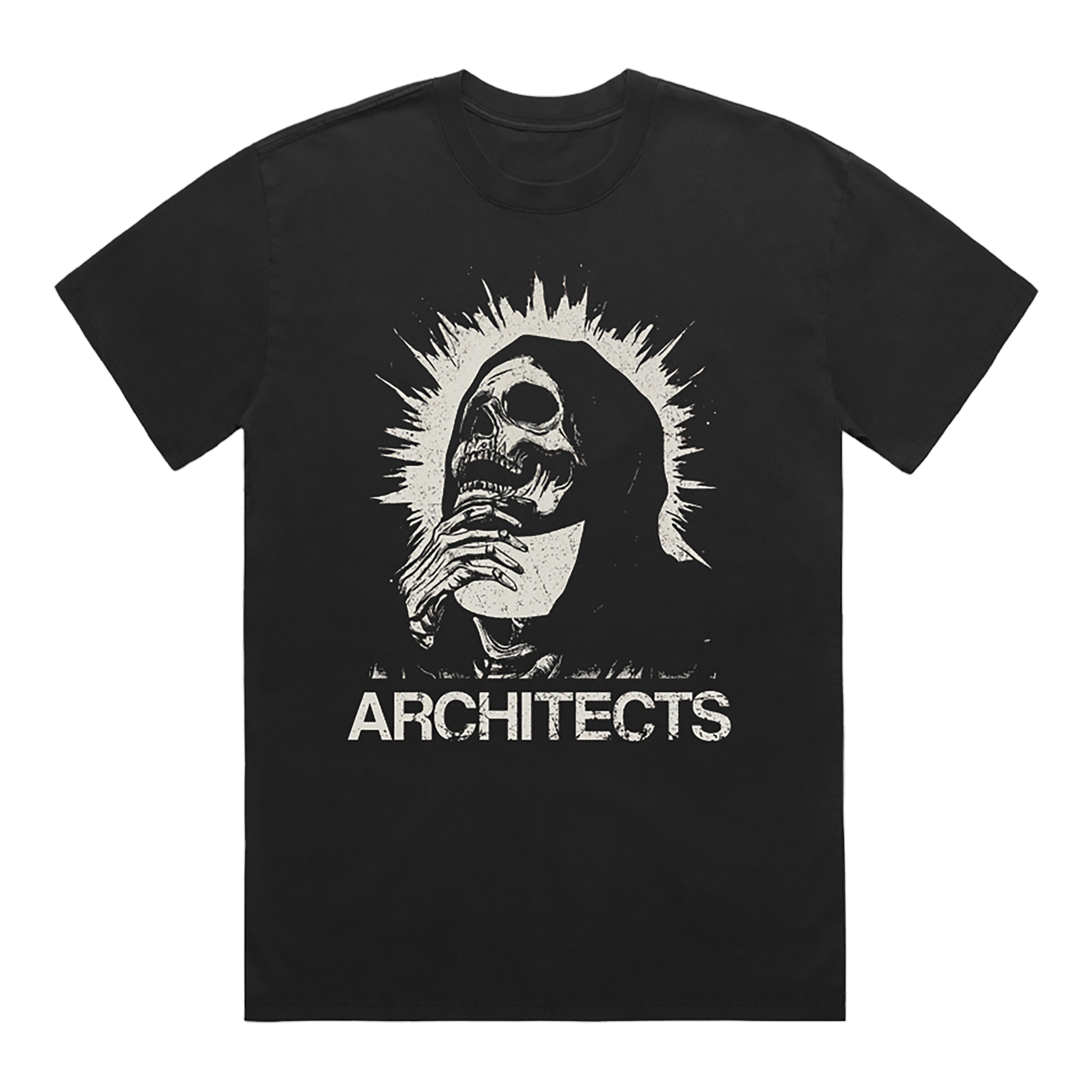 Front view of a black unisex short-sleeve t-shirt featuring a vintage-style skull graphic and vintage looking text reading ‘Architects’.