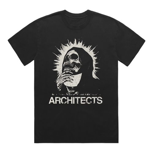 Front view of a black unisex short-sleeve t-shirt featuring a vintage-style skull graphic and vintage looking text reading ‘Architects’.