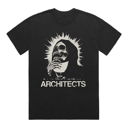Front view of a black unisex short-sleeve t-shirt featuring a vintage-style skull graphic and vintage looking text reading ‘Architects’.