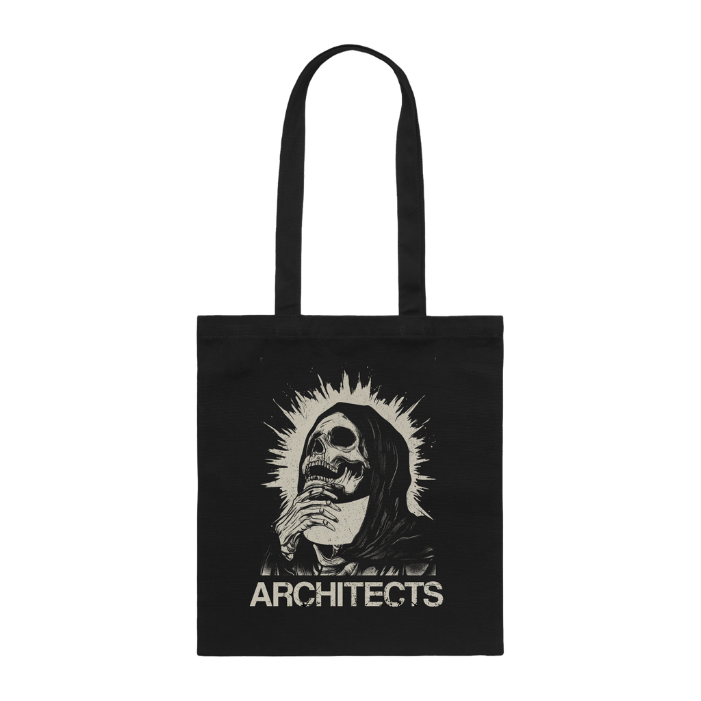 Black tote bag with a graphic skeleton design and 'ARCHITECTS' text.
