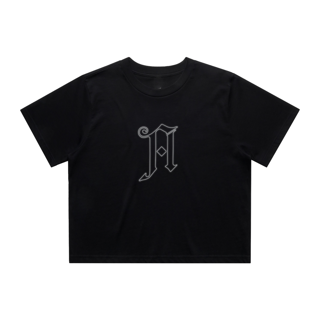 Black unisex short-sleeve crop top with Architects 'A across the front