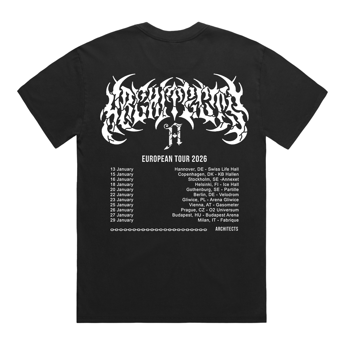Black Short-Sleeve T-Shirt with Architects European 2026 Tour dates printed across the back