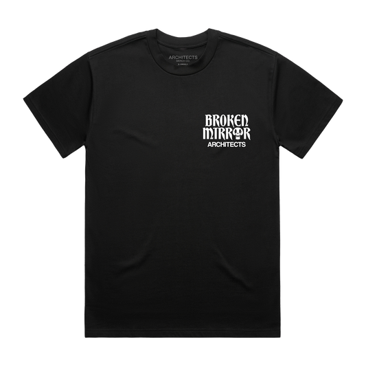 Black t-shirt with 'Broken Mirror Architects' print across the front