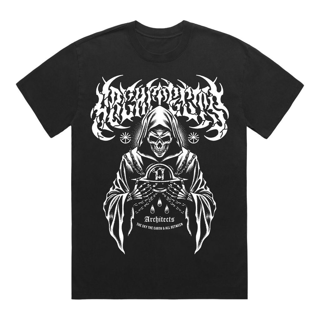 Front view of a black short-sleeve t-shirt with white Architects logo, and white reaper print