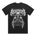 Front view of a black short-sleeve t-shirt with white Architects logo, and white reaper print