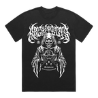 Front view of a black short-sleeve t-shirt with white Architects logo, and white reaper print