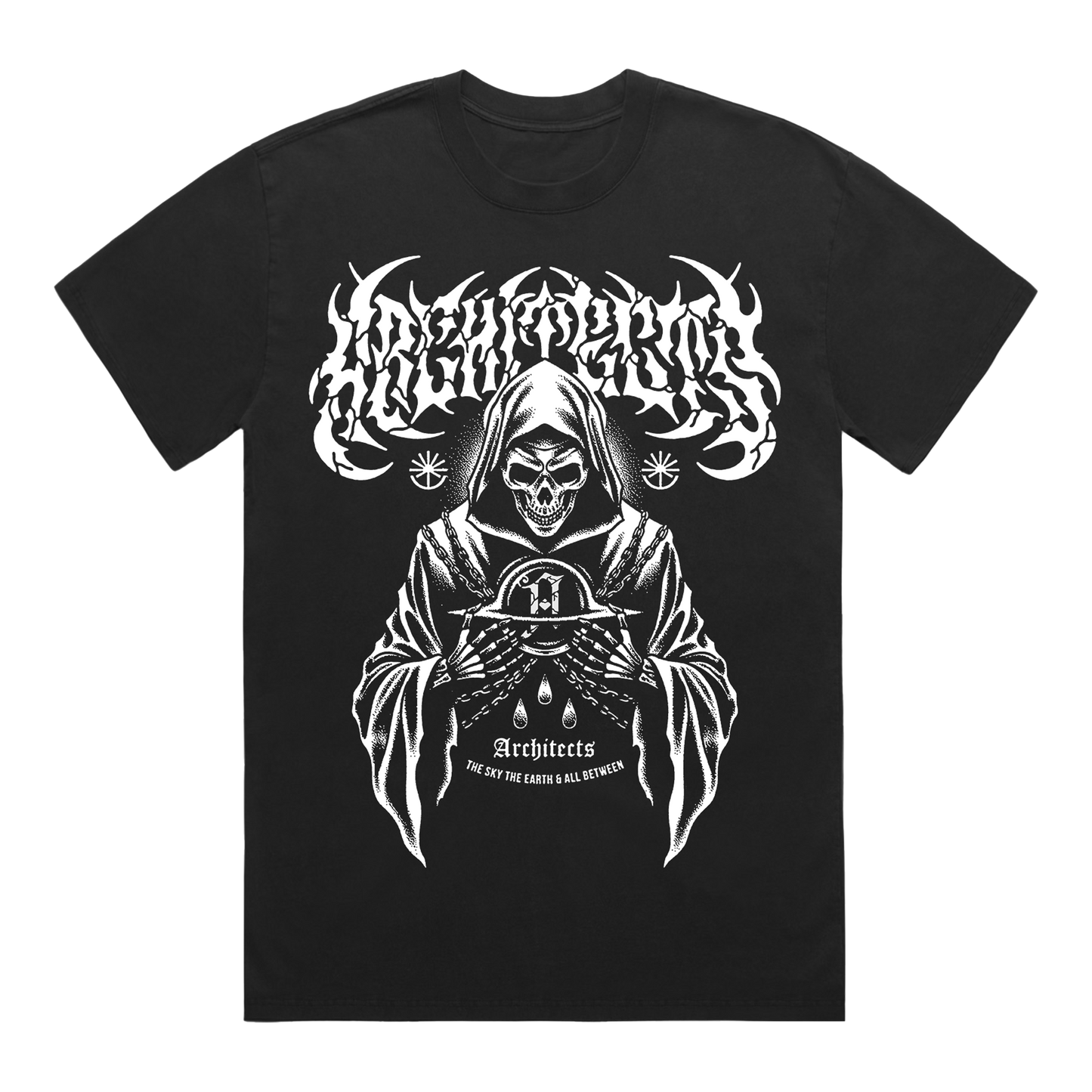 Front view of a black short-sleeve t-shirt with white Architects logo, and white reaper print