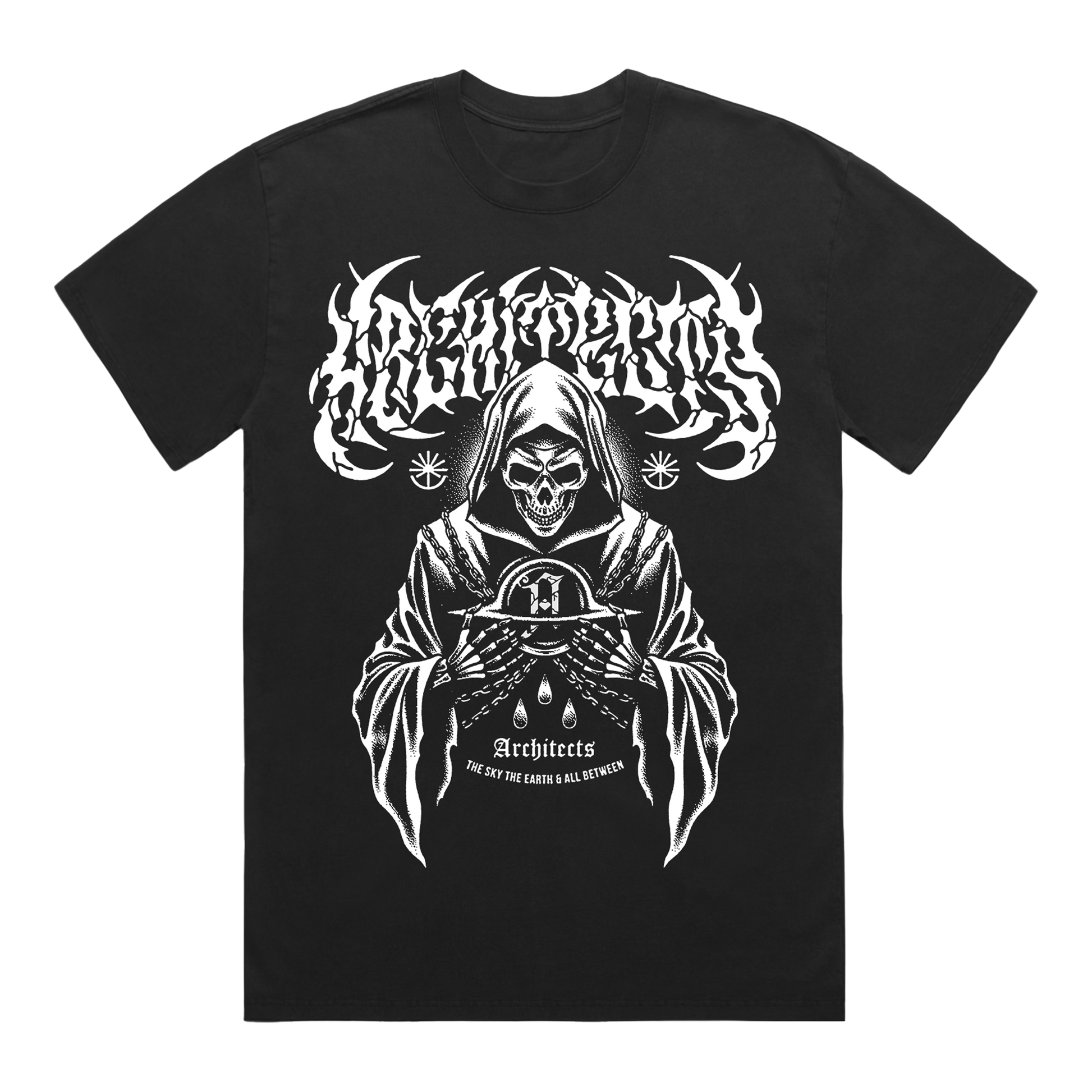 Front view of a black short-sleeve t-shirt with white Architects logo, and white reaper print