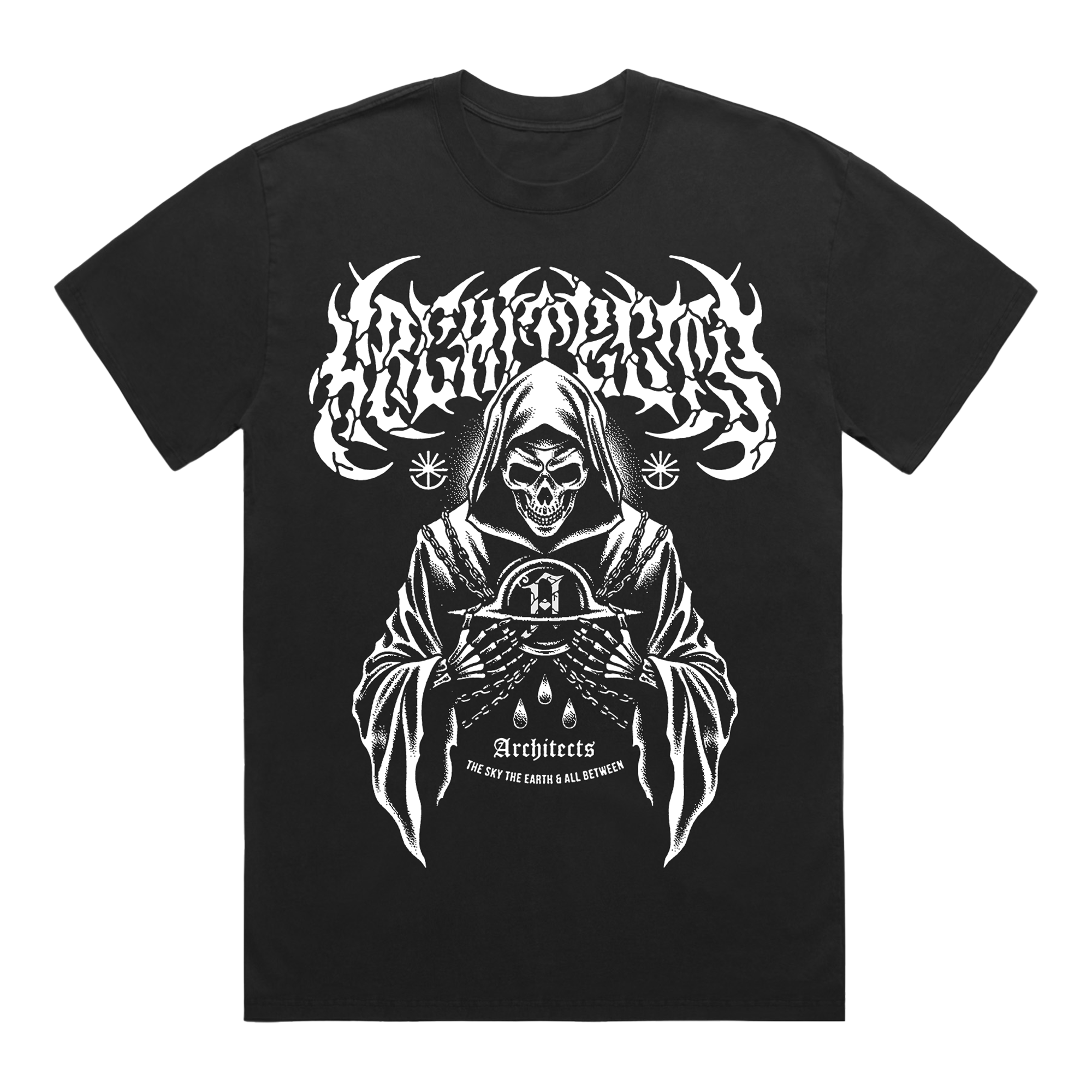 Front view of a black short-sleeve t-shirt with white Architects logo, and white reaper print