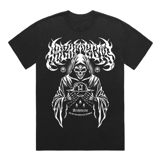 Front view of a black short-sleeve t-shirt with white Architects logo, and white reaper print