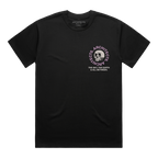 Black short-sleeve t-shirt with a skull graphic on the right side of the chest, surrounded by pink “Architects” text, and white text underneath that reads “The Sky, The Earth & All Between.”