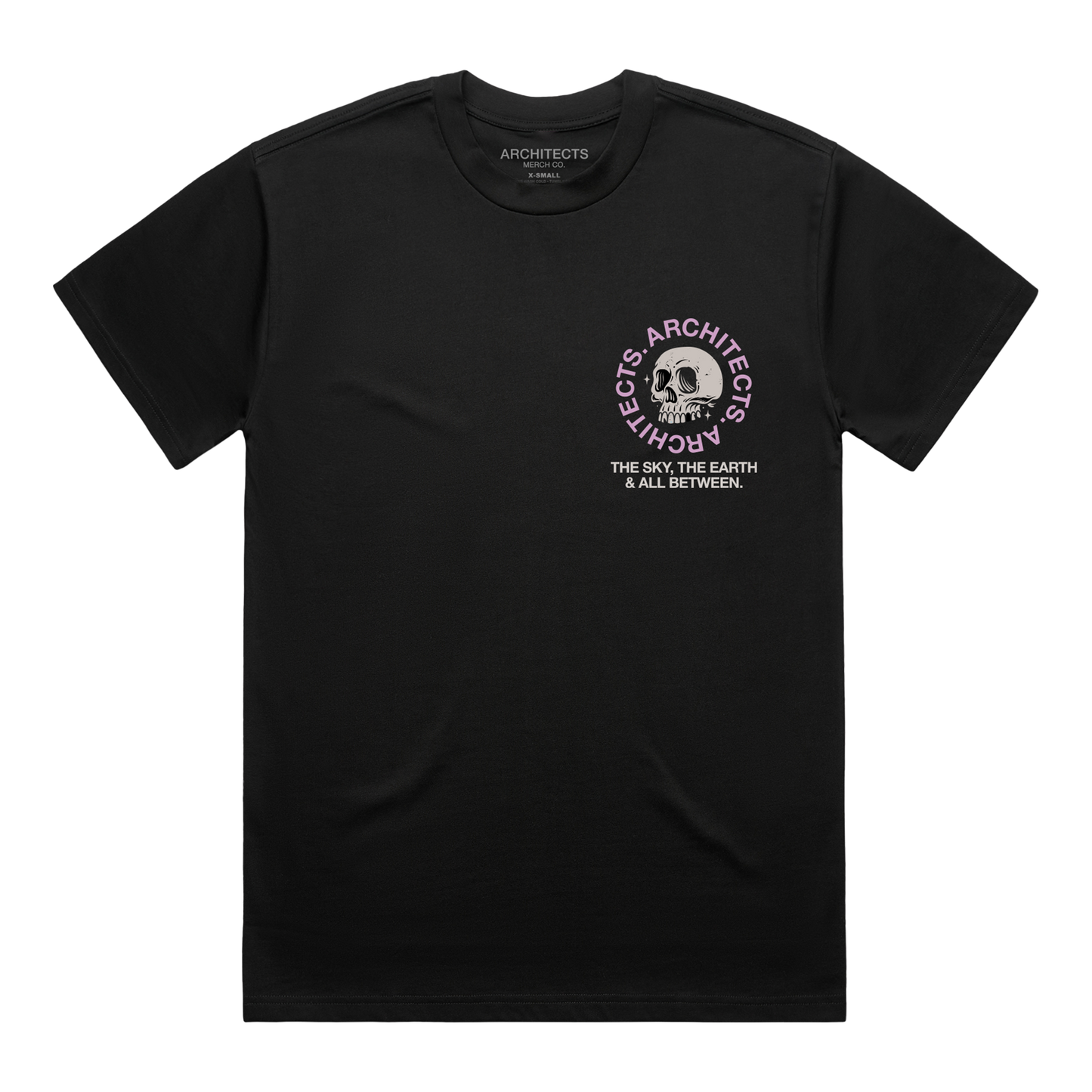 Black short-sleeve t-shirt with a skull graphic on the right side of the chest, surrounded by pink “Architects” text, and white text underneath that reads “The Sky, The Earth & All Between.”