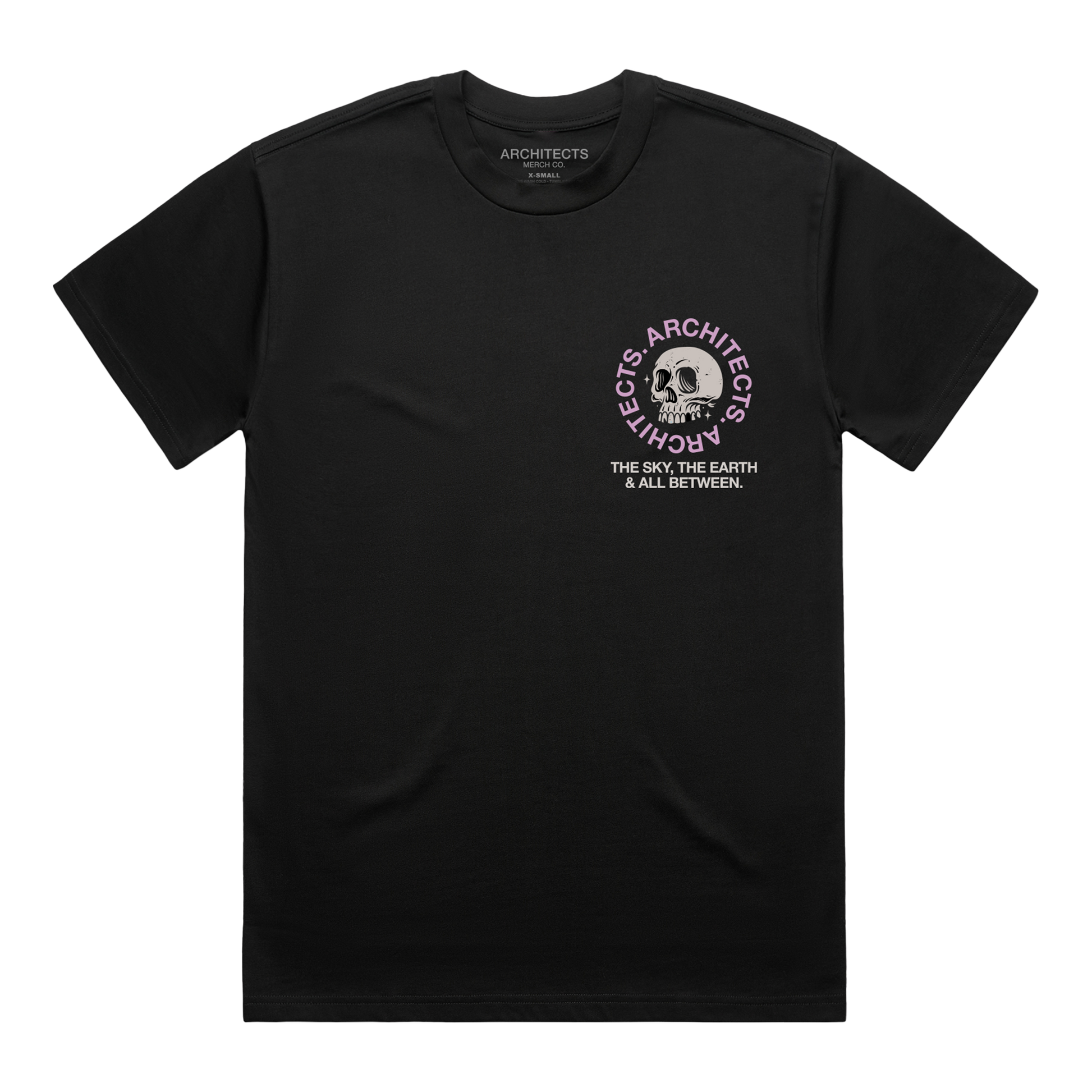 Black short-sleeve t-shirt with a skull graphic on the right side of the chest, surrounded by pink “Architects” text, and white text underneath that reads “The Sky, The Earth & All Between.”
