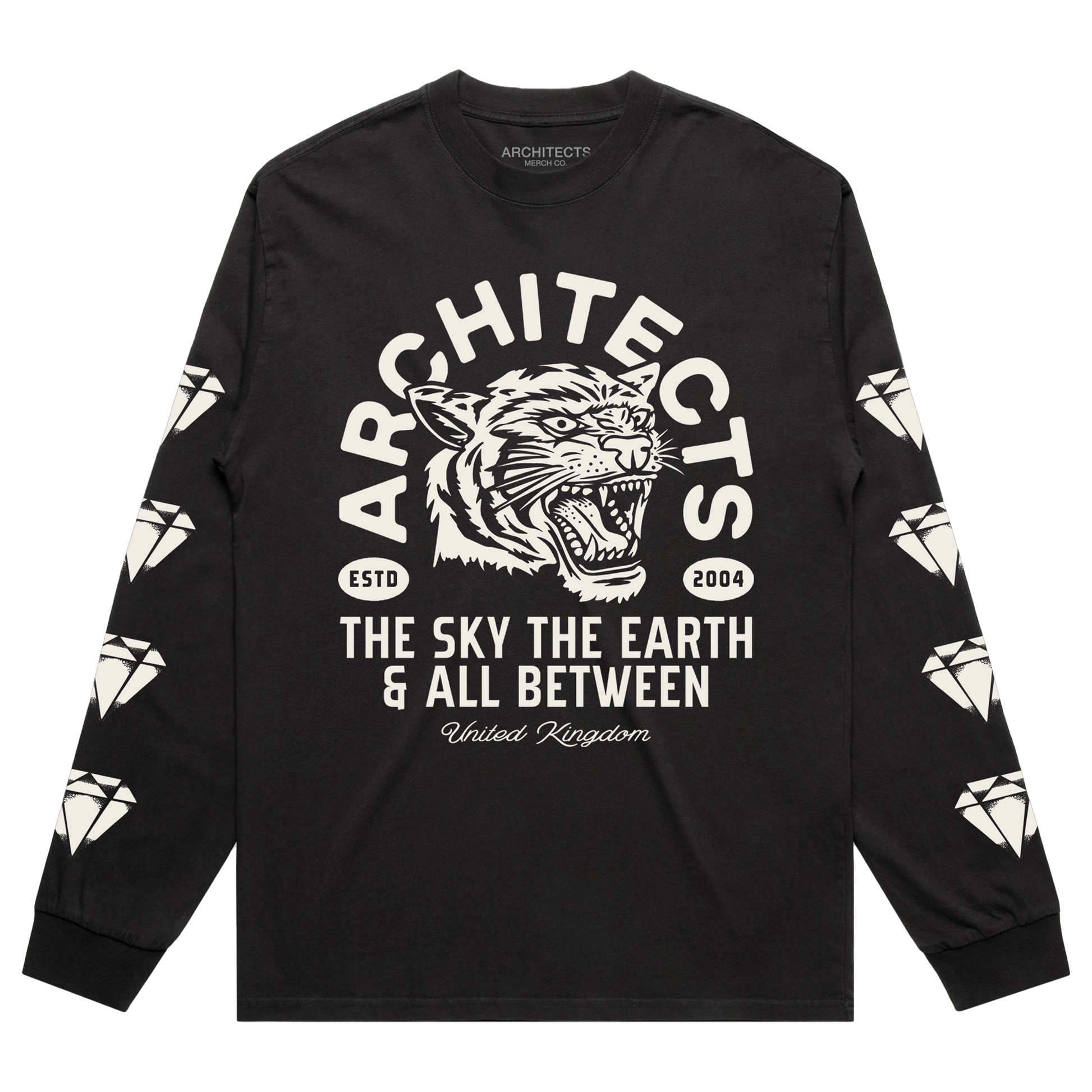 Black long-sleeve t-shirt with a tiger graphic across the center front, surrounded by text reading “Architects, Est 2004, The Sky, The Earth & All Between.” Each sleeve features four diamond-shaped graphic prints running down the length.