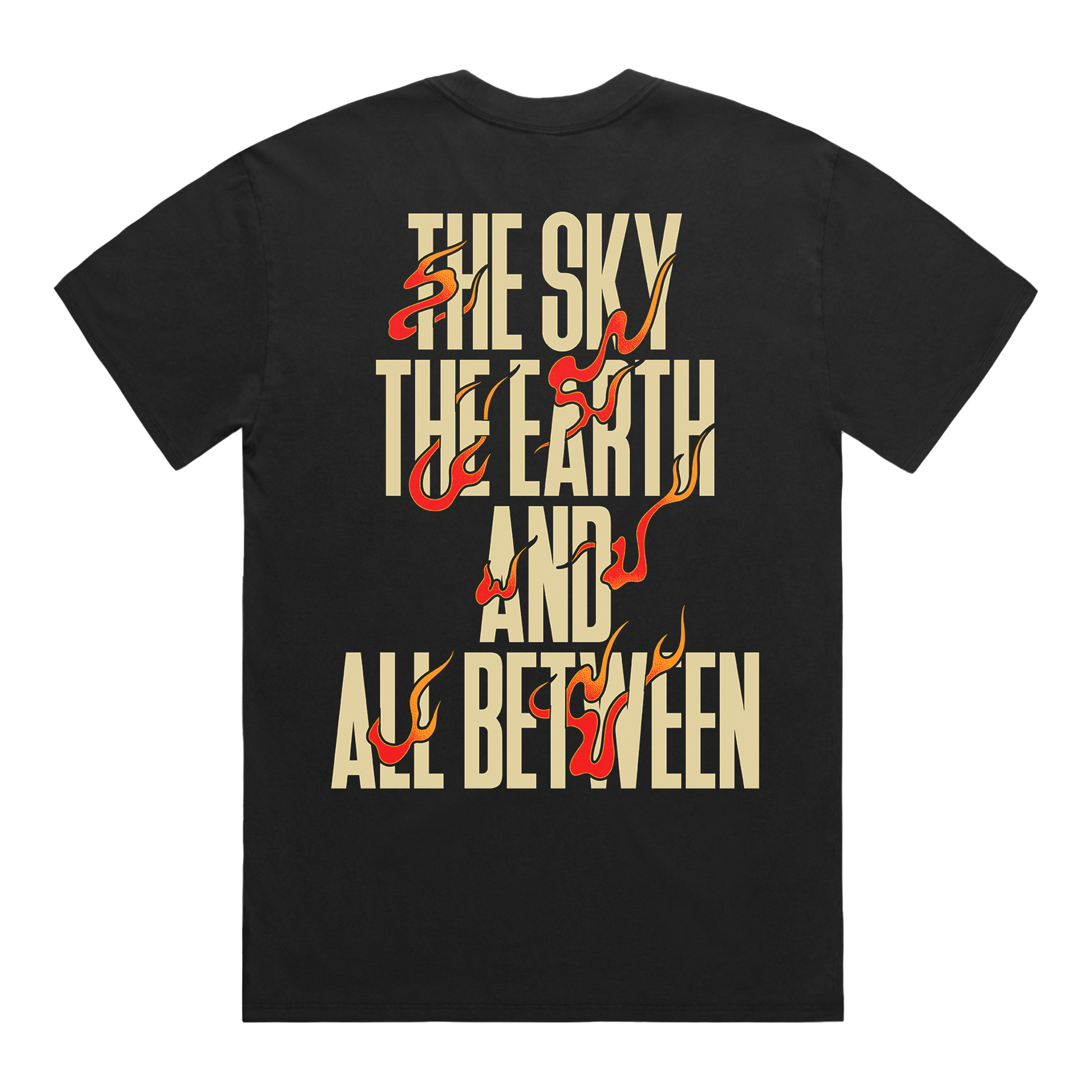Black t-shirt with fiery text design reading ‘The Sky, The Earth and All Between’.
