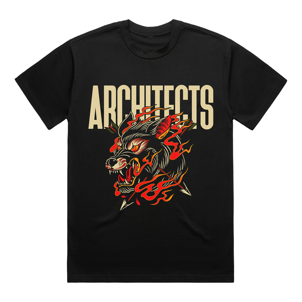 Black t-shirt with a wolf graphic and 'ARCHITECTS' text.
