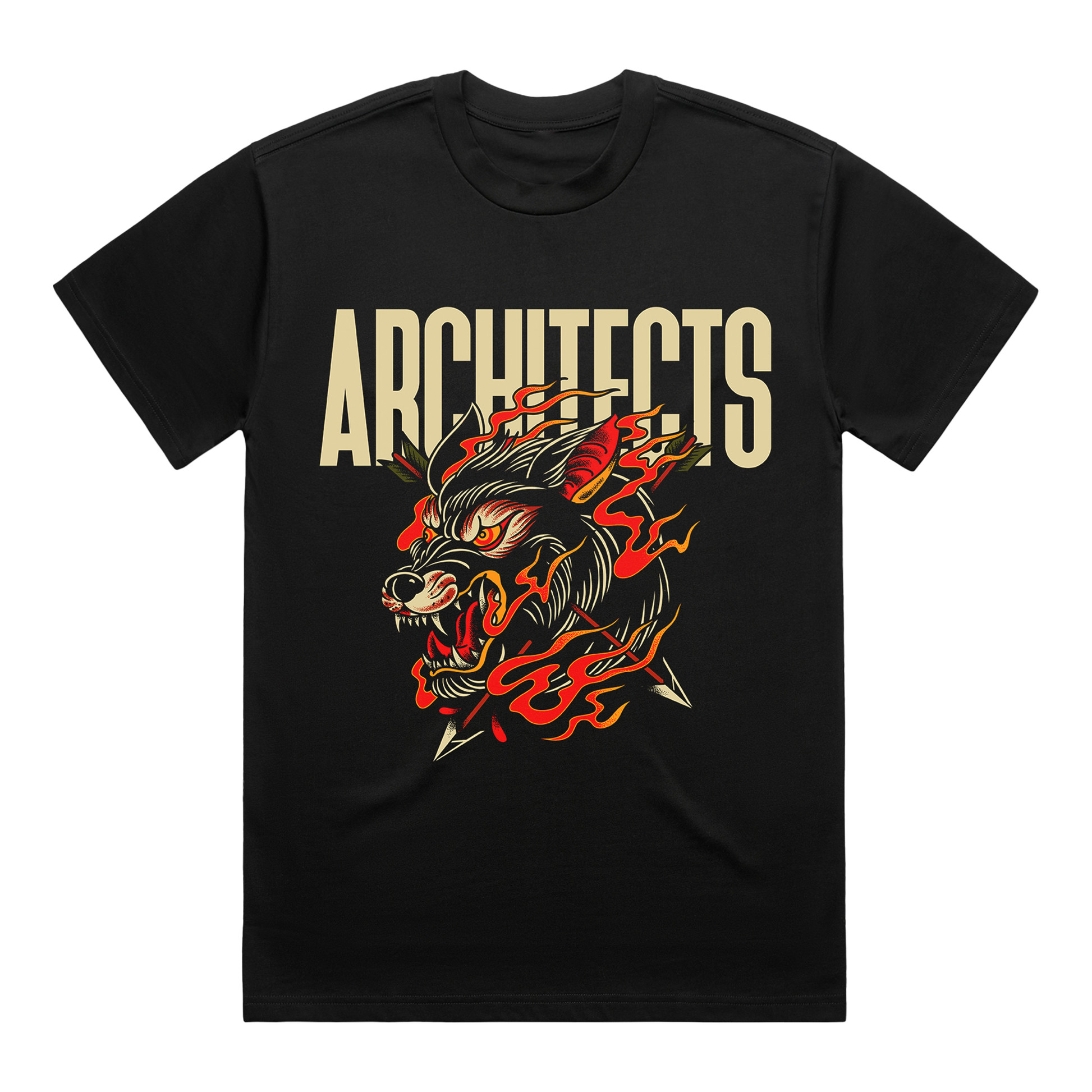 Black t-shirt with a wolf graphic and 'ARCHITECTS' text.