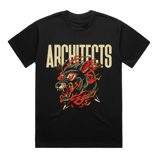Black t-shirt with a wolf graphic and 'ARCHITECTS' text.