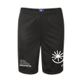 Front view of black mesh shorts featuring white text on the lower right leg that reads 'The Sky, The Earth & All Between', with 'Architects' in white on the left leg. A small Champion logo appears below the graphic. 