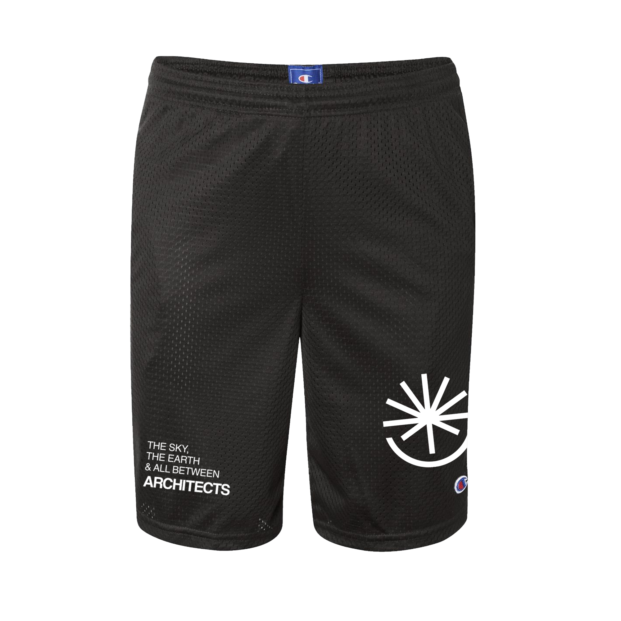 Front view of black mesh shorts featuring white text on the lower right leg that reads 'The Sky, The Earth & All Between', with 'Architects' in white on the left leg. A small Champion logo appears below the graphic. 