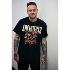 Man wearing a black short-sleeve t-shirt with a wolf graphic and 'ARCHITECTS' text across the front