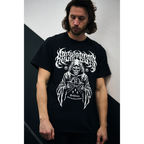 Man wearing a black short-sleeve t-shirt with white Architects logo, and white reaper print across the front